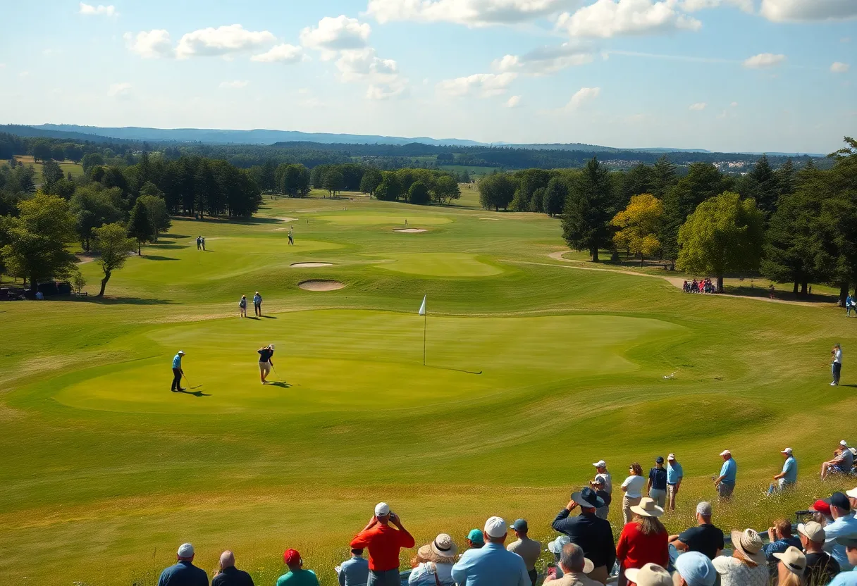 A scenic view of the Doylestown golf course with players and spectators