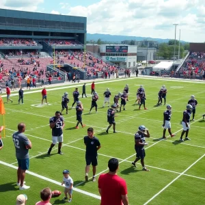 Philadelphia Eagles players practicing at training camp.