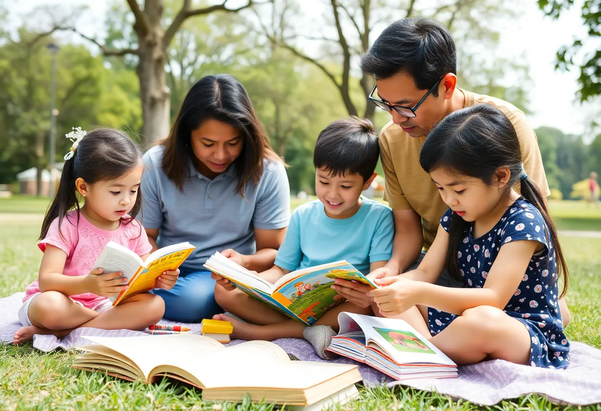 Family reading and learning together outdoors in summer
