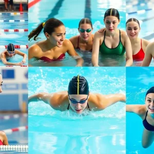 Diverse female athletes competing in a swimming event