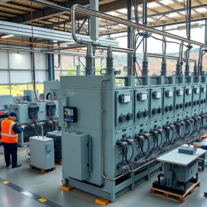 Workers at GE Vernova's manufacturing plant in Pennsylvania assembling switchgear products.
