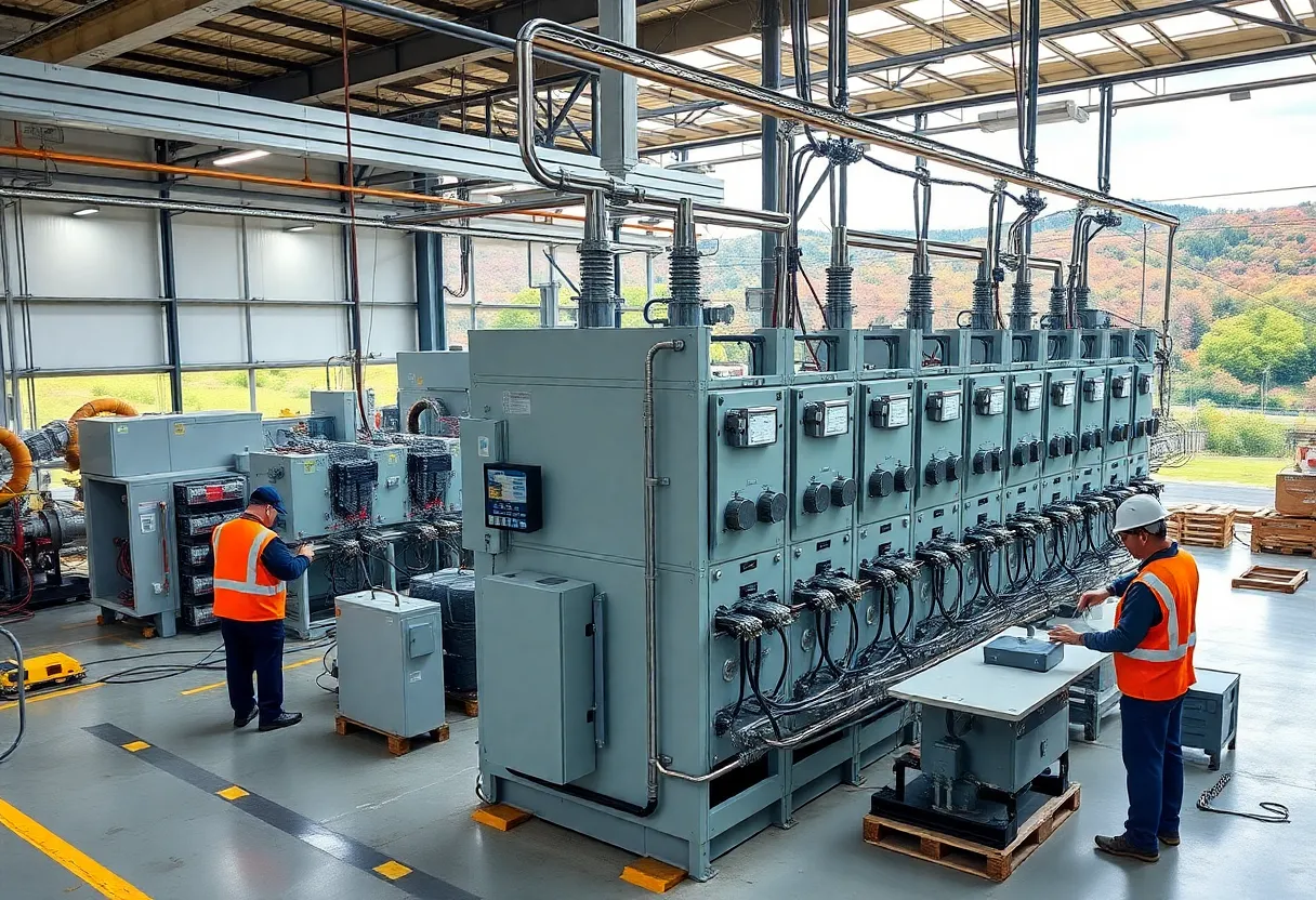 Workers at GE Vernova's manufacturing plant in Pennsylvania assembling switchgear products.