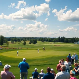 View of a golf tournament in progress at a scenic course.