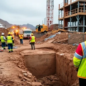 Emergency response team working at construction site after trench collapse