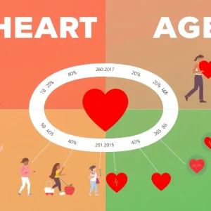 Infographic illustrating heart age in relation to actual age and promoting heart health awareness