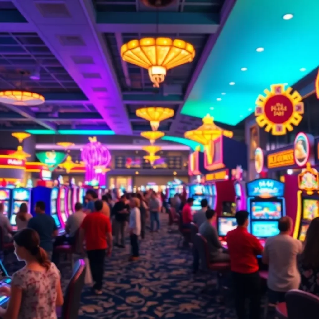 Interior view of Hollywood Casino York with patrons engaged in various gambling activities.