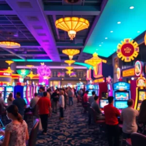 Interior view of Hollywood Casino York with patrons engaged in various gambling activities.