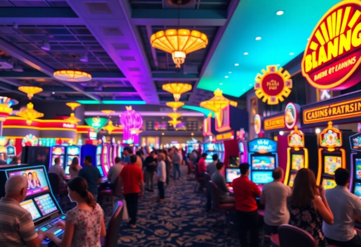 Interior view of Hollywood Casino York with patrons engaged in various gambling activities.
