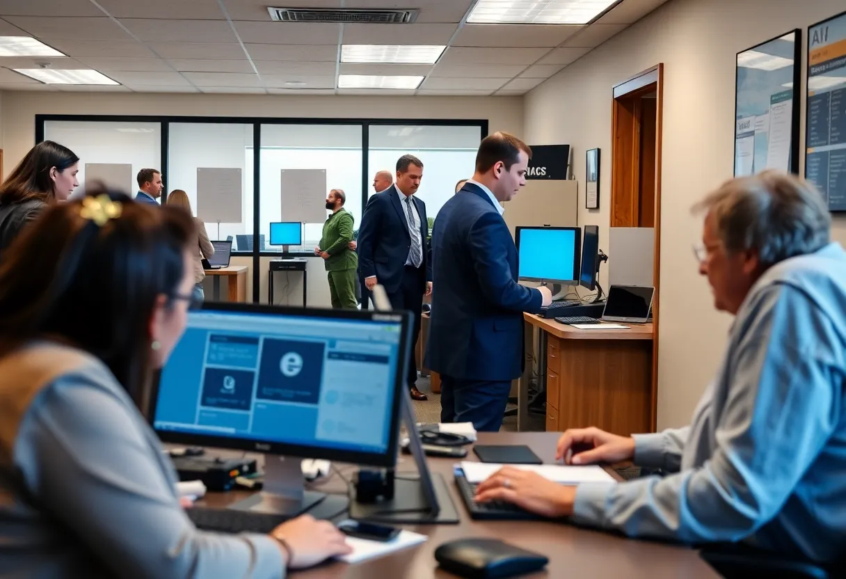 People receiving assistance at a Pennsylvania unemployment office