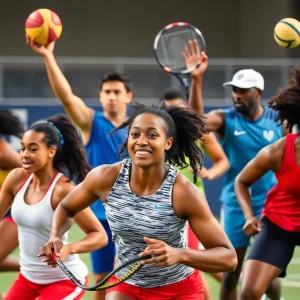 A diverse group of athletes participating in sports events, representing inclusivity and equality.