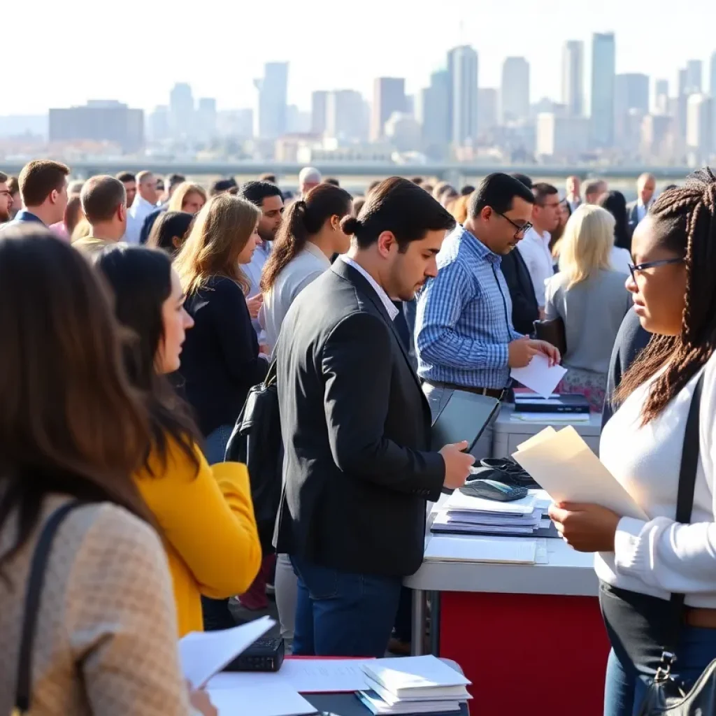 A job fair in Pennsylvania with diverse individuals and employers interacting.