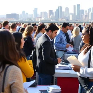 A job fair in Pennsylvania with diverse individuals and employers interacting.