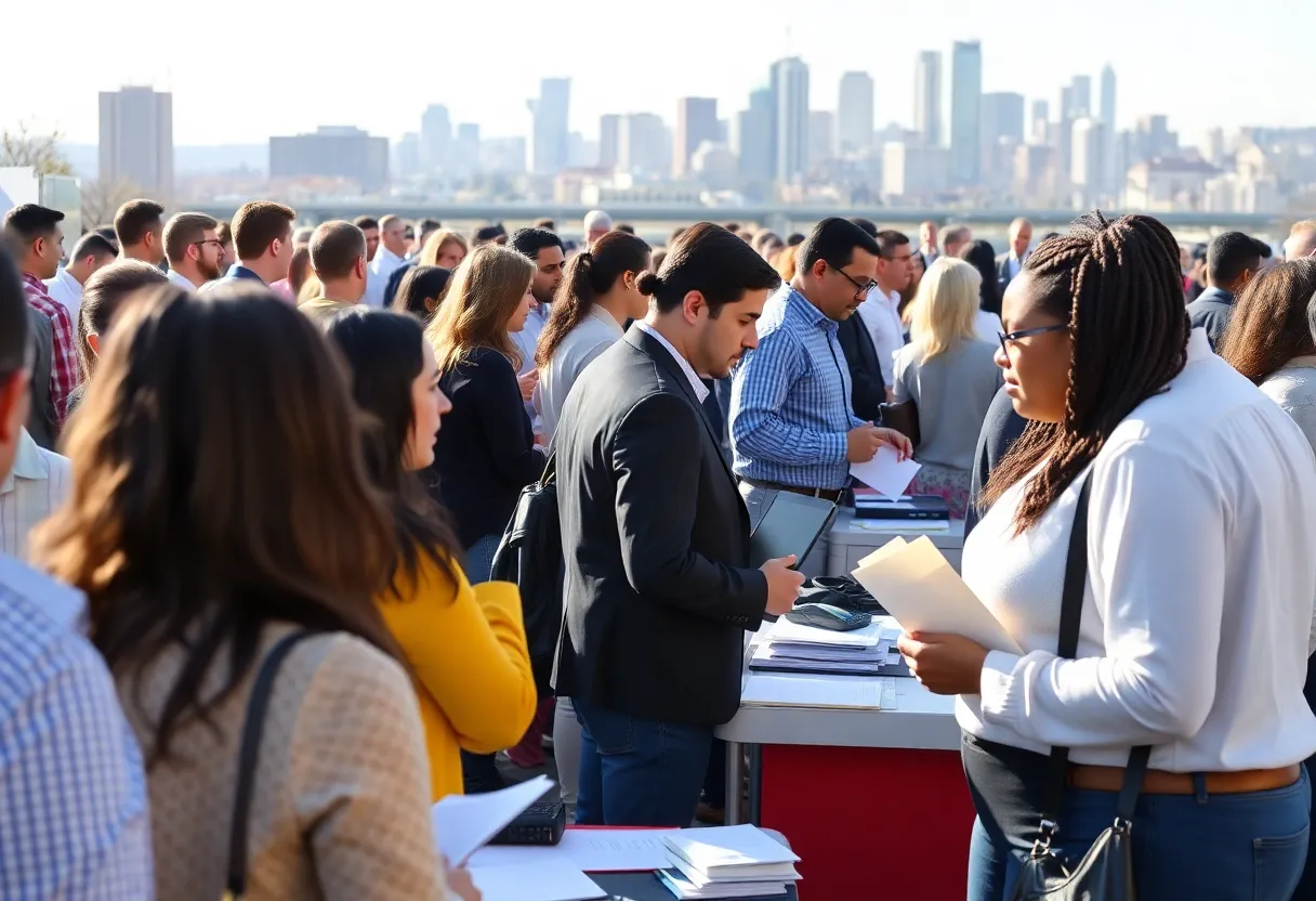 A job fair in Pennsylvania with diverse individuals and employers interacting.