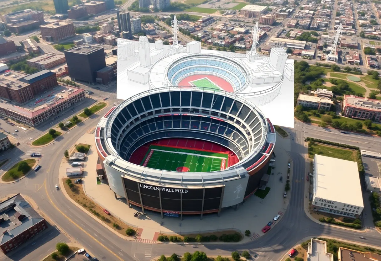 Conceptual image of Lincoln Financial Field with proposed renovations and new stadium ideas.