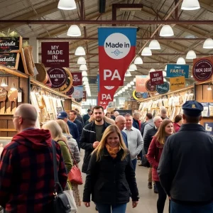 A marketplace featuring various products with 'Made in PA' labels.