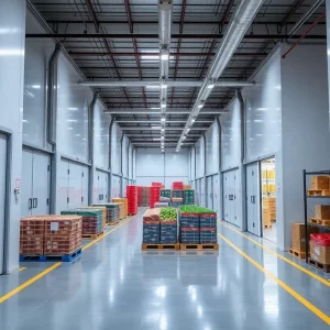 Expansion project of cold storage facility featuring temperature-controlled rooms and pallets.