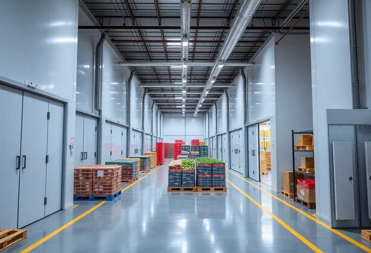 Expansion project of cold storage facility featuring temperature-controlled rooms and pallets.