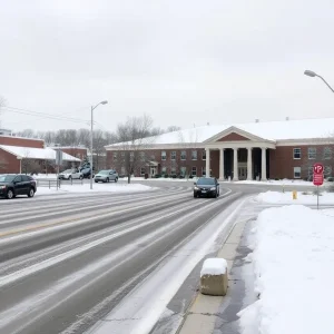 Icy roads and school buildings in Middle Tennessee during winter