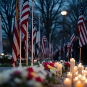 Memorial with flowers and candles at a Manhattan office building
