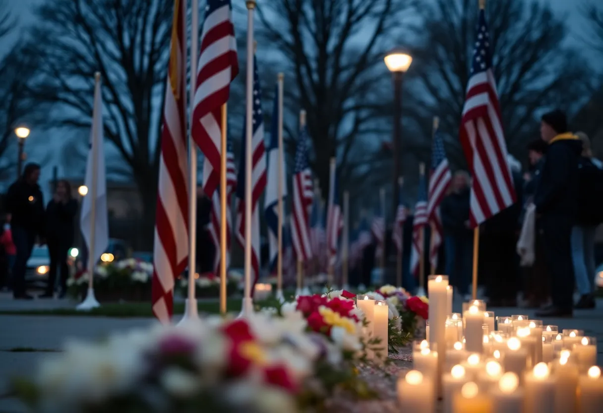 Memorial with flowers and candles at a Manhattan office building