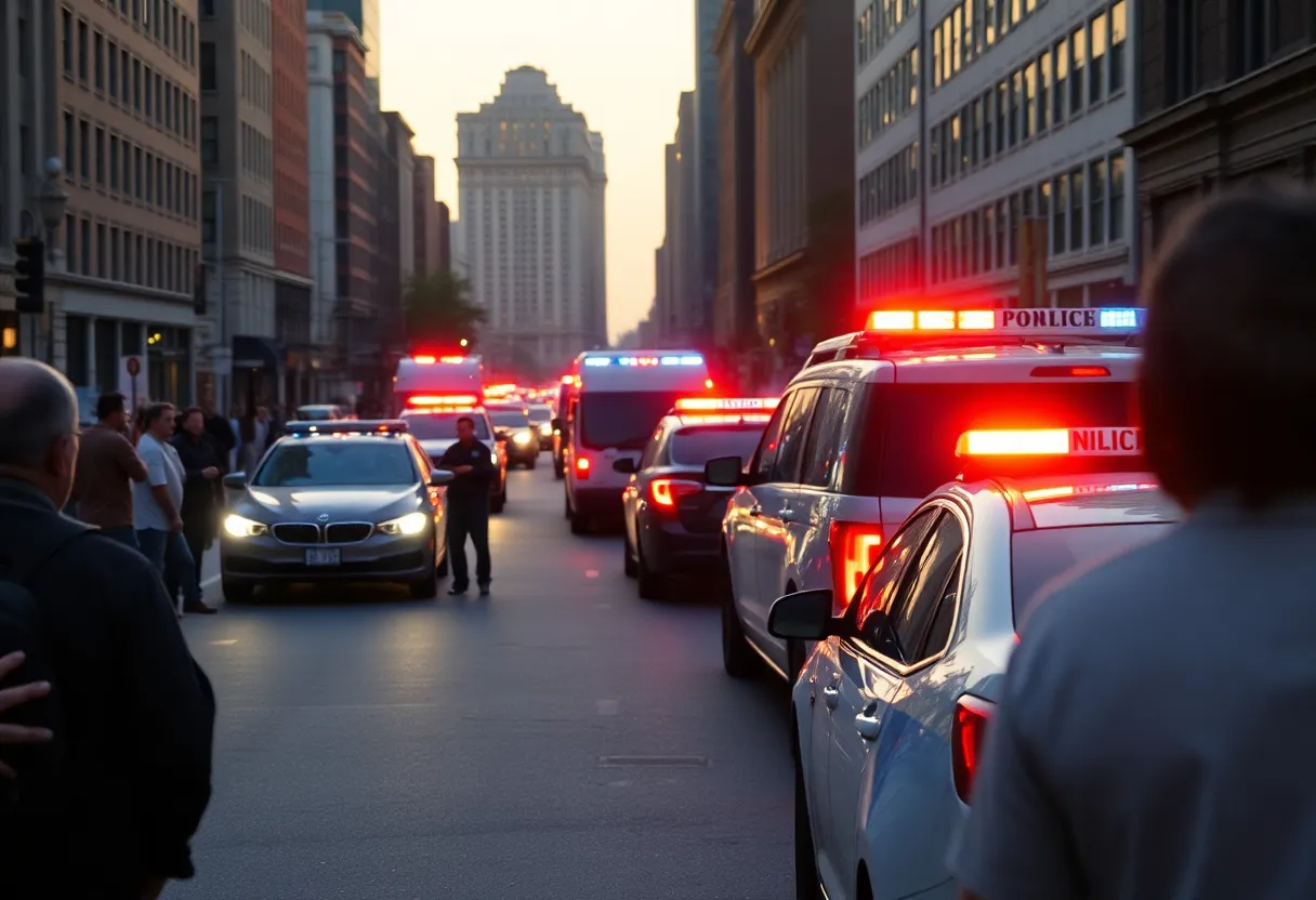 Police vehicles and onlookers at the scene of a shooting in Midtown Manhattan