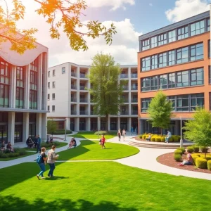 Educational campus with engaged students and modern architecture