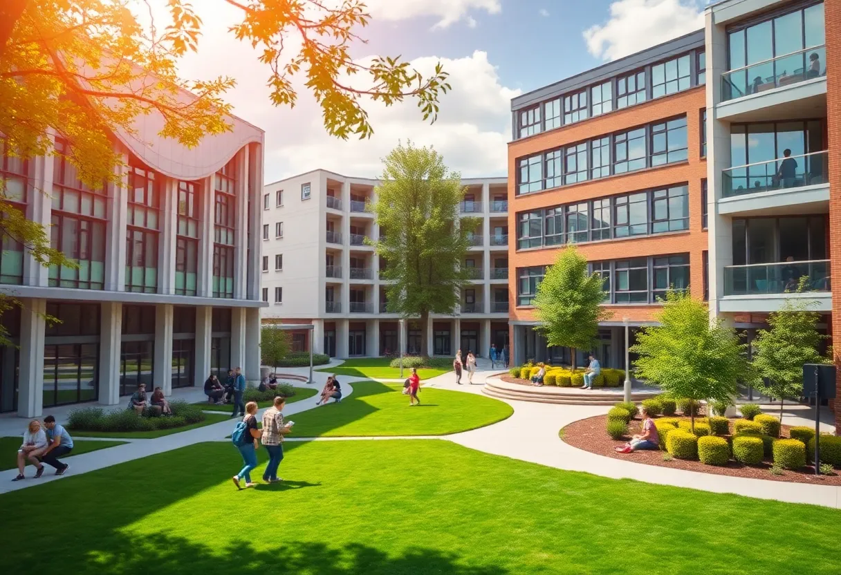 Educational campus with engaged students and modern architecture