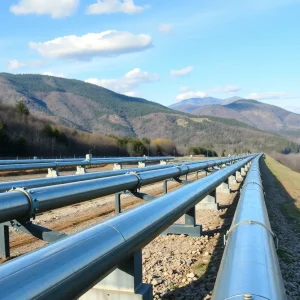 A view of modern natural gas pipelines in Pennsylvania against a mountain backdrop.
