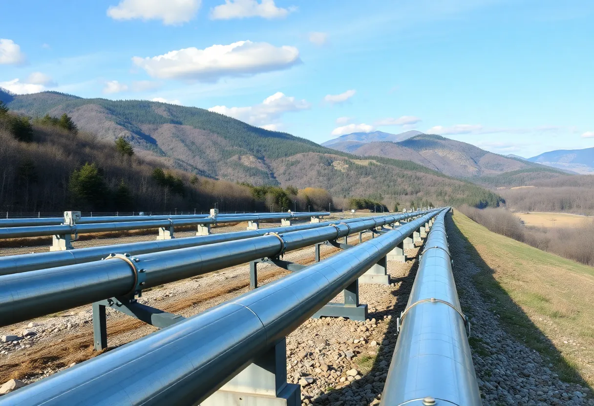 A view of modern natural gas pipelines in Pennsylvania against a mountain backdrop.