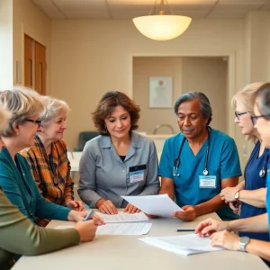 Diverse nursing home staff in a meeting discussing workplace conditions.