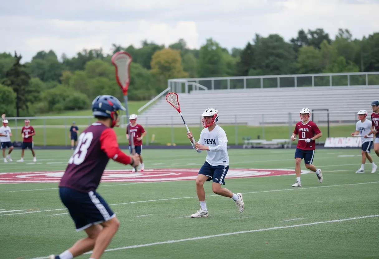 Penn lacrosse players training on the field