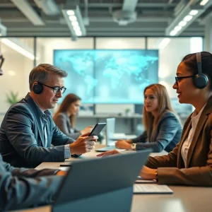 Government employees utilizing AI tools in a collaborative office setting.