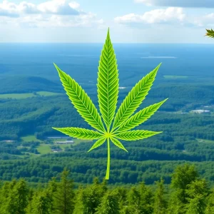 Scenic view of Pennsylvania with cannabis leaves and economic symbols