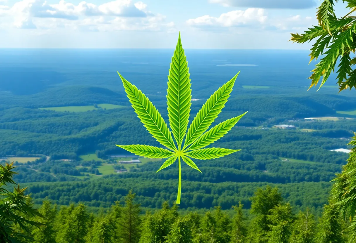 Scenic view of Pennsylvania with cannabis leaves and economic symbols