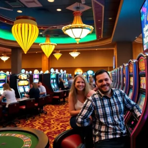A busy casino floor in Pennsylvania with gaming tables and players.