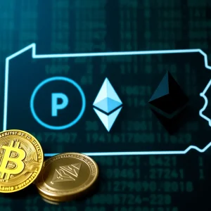 Illustration of cryptocurrency symbols with Pennsylvania outline