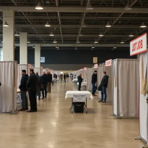 Job fair in Pennsylvania depicting empty booths and concerned individuals illustrating job losses