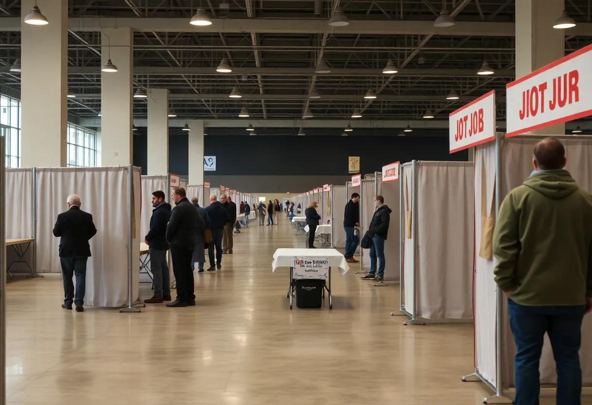 Job fair in Pennsylvania depicting empty booths and concerned individuals illustrating job losses