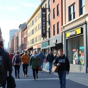 People walking on a busy street in Pennsylvania as the job market shows signs of recovery