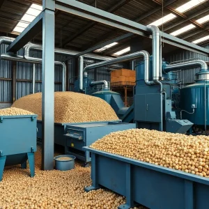Interior of a wood pellet manufacturing plant showcasing machinery and production processes.