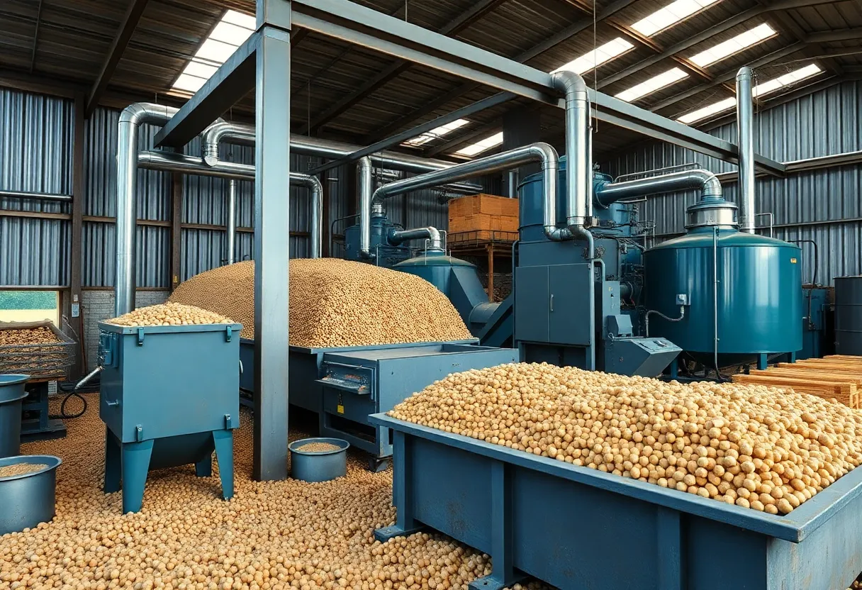 Interior of a wood pellet manufacturing plant showcasing machinery and production processes.