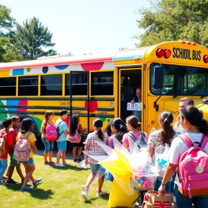 Families at the Philadelphia back-to-school bus tour receiving supplies