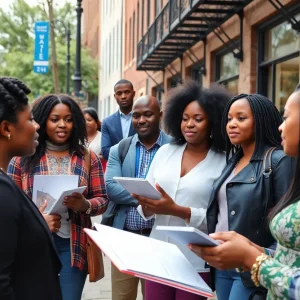Community members in Philadelphia discussing financial literacy