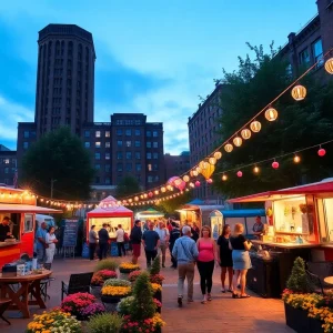 A lively garden event in Philadelphia with people enjoying music and food.