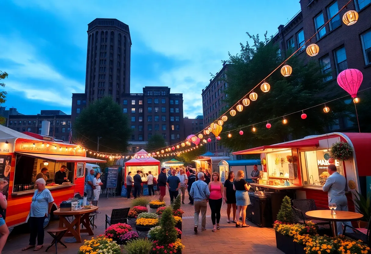 A lively garden event in Philadelphia with people enjoying music and food.