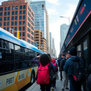 Students waiting at a bus stop in Philadelphia amidst transportation cuts