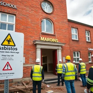 Workers inspecting a school building for asbestos safety compliance in Philadelphia.