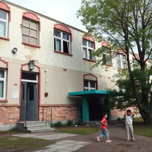 A school building depicting safety concerns with visible signs of aging.