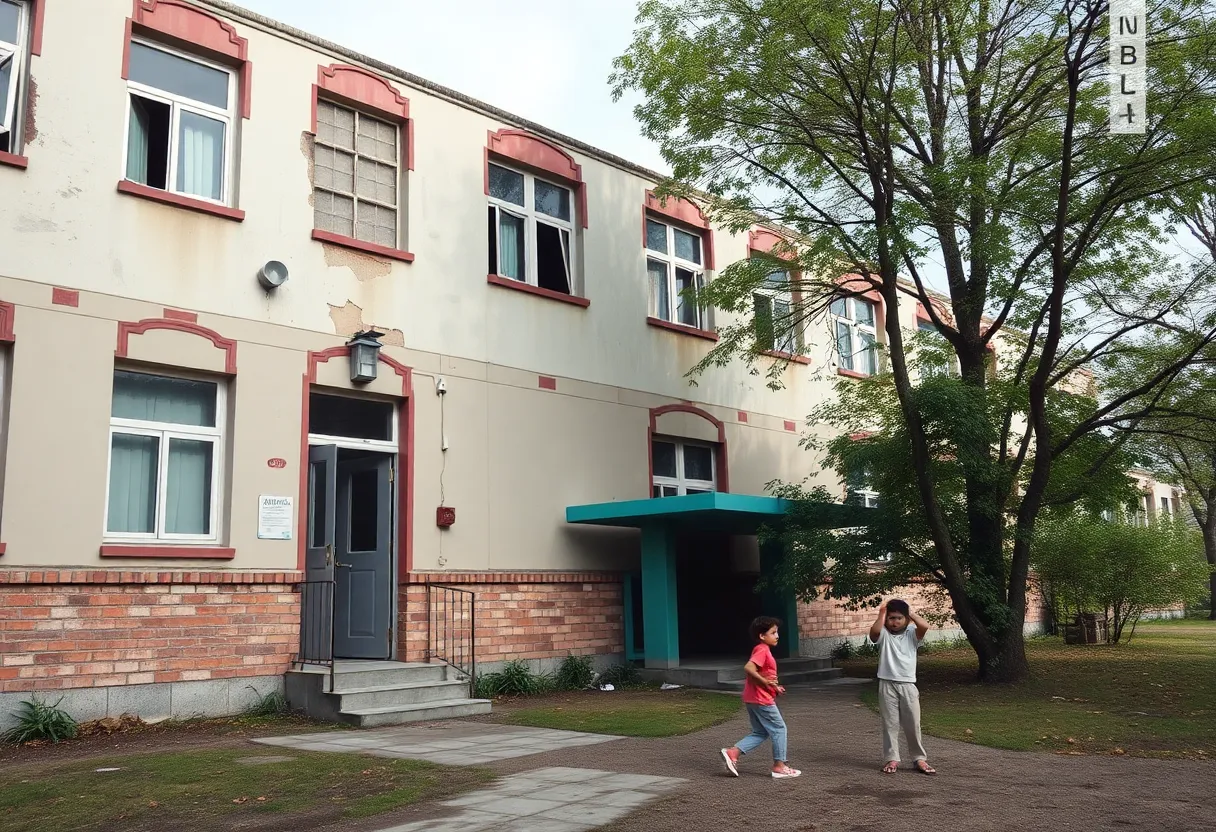 A school building depicting safety concerns with visible signs of aging.