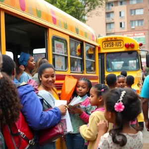 Families receiving school supplies at a bus tour event in Philadelphia.